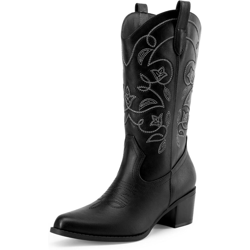 Dream Pairs Women's Black Cowgirl Western Boot Fashion Embroidery Mid Calf Boots
